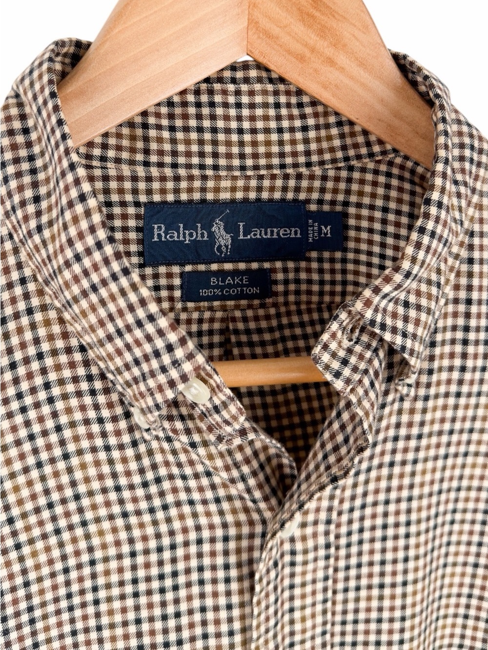 Ralph Lauren Blake Men’s Medium Button Up Shirt Brown Gingham Pony Logo Cotton - Picture 4 of 9